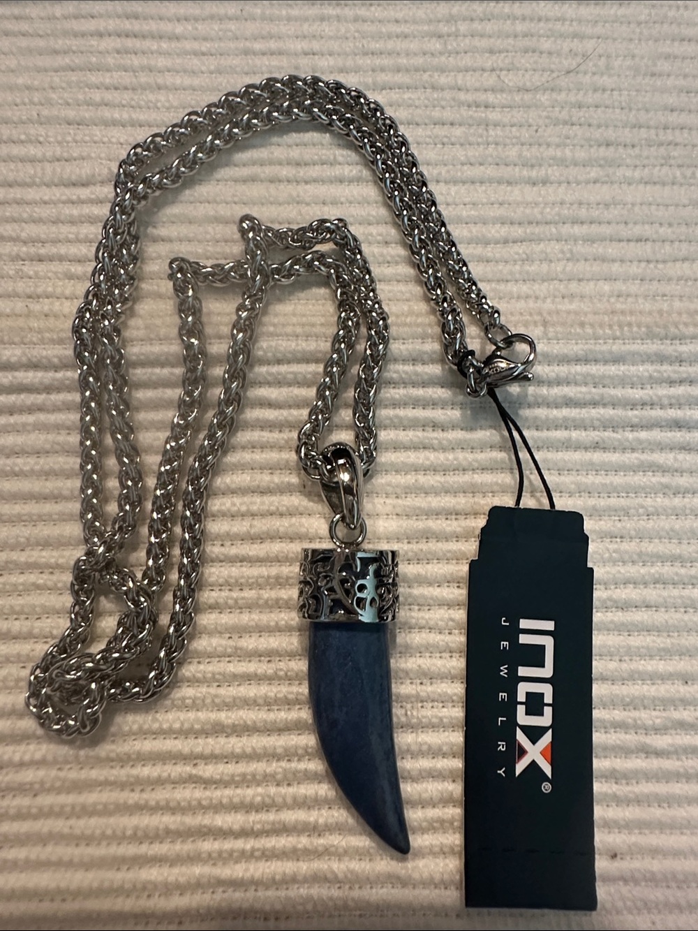 INOX Men's Blue Stone Horn Pendant Necklace - Silver Chain